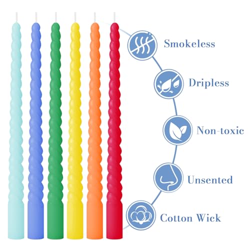 Multi-Color Spiral Taper Candles 12 Inch 6 Pack Unscented Dripless Long Burn
