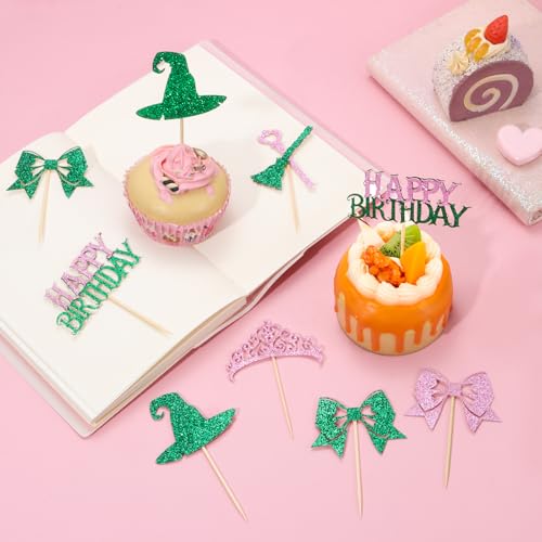 Witch Birthday Cupcake Toppers Set - Pink and Green Witch Themed Decorations, 48 Pieces
