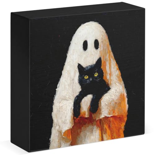 Halloween Ghost and Black Cat Wood Sign - Spooky Cute Decor for Home & Office