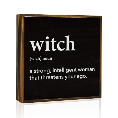 Witch Definition Halloween Wooden Decor Sign for Table Shelf - Black, 5x5 Inches - Variation: Witch