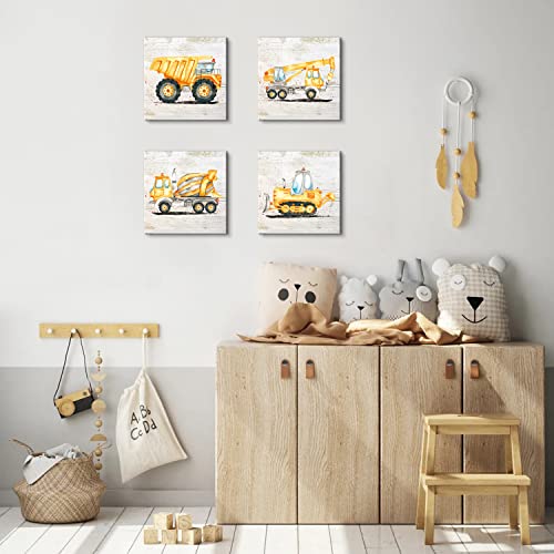 Kids Construction Truck Wall Art Set - 14x14 Inches for Boys Room Decor