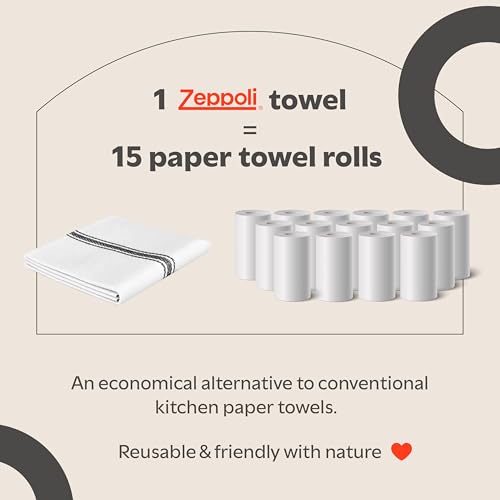 Zeppoli 15 Pack Kitchen Towels - Black Stripe 14x25 Natural Cotton Reusable Dish Cloths