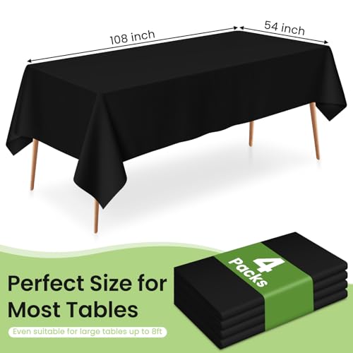 Disposable Plastic Tablecloth 54x108 Inch, Black - 4 Pack for Events