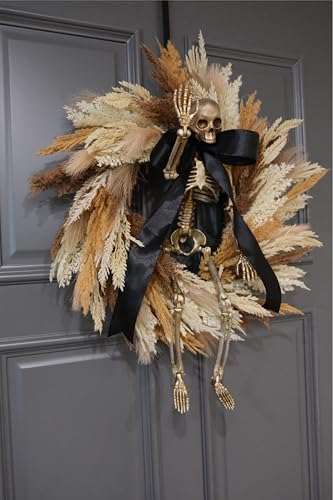 Halloween Wreath for Front Door 24 Inch with Skeleton, Faux Wheat & Pampas Grass, Black Bow - Indoor Outdoor Decor