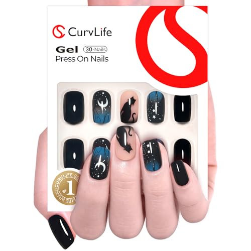 CurvLife Medium Square Night Design Gel Press-On Nails - Soft Gel Finish
