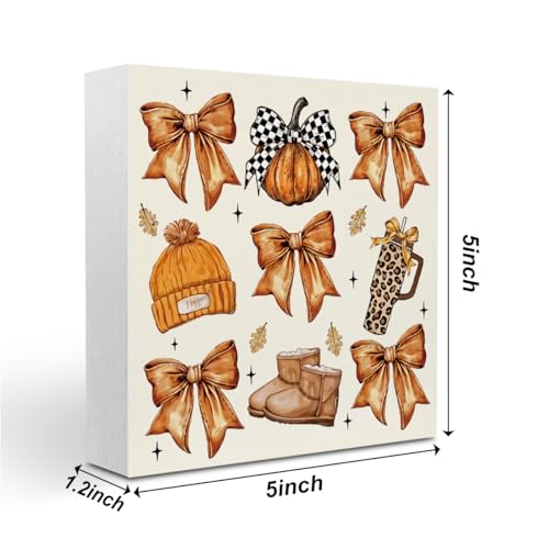 Fall Pumpkin Bow Decor - Wooden Box Halloween Autumn Home Accent - Variation of Bow 3