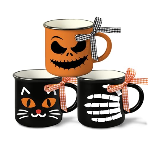Halloween Spooky Face Mini Coffee Mug Set - Black Cat Skeleton, Orange Variation