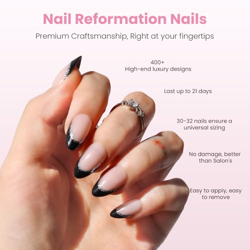 Press On Nails Silver Lining - Short Almond Fake Nails, Reusable Manicure