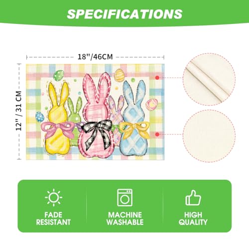 Colorful Buffalo Plaid Bunny Easter Placemats Set of 4 - 12x18 Yellow