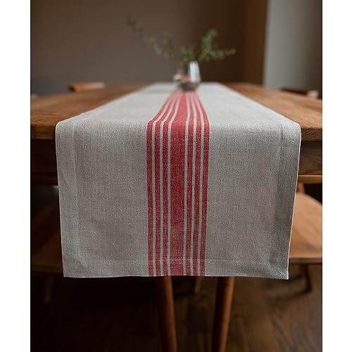 Farmhouse Linen Table Runner 14x72 Inches Red & Natural - Handcrafted, Machine Washable, Elegant Dining Accessory