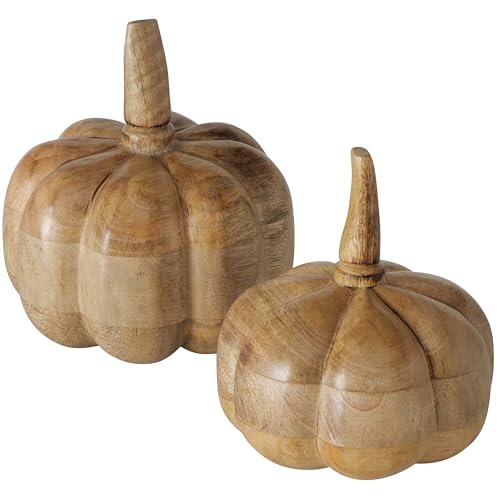 Farmhouse Pumpkin Figurines Set of 2 - Solid Wood Fall Decor