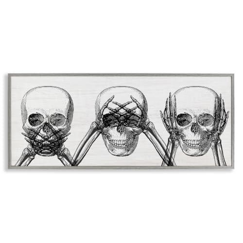 Speak See Hear No Evil Skulls Wall Art - 13x30 Inch Framed Giclée Print, Gray Variation