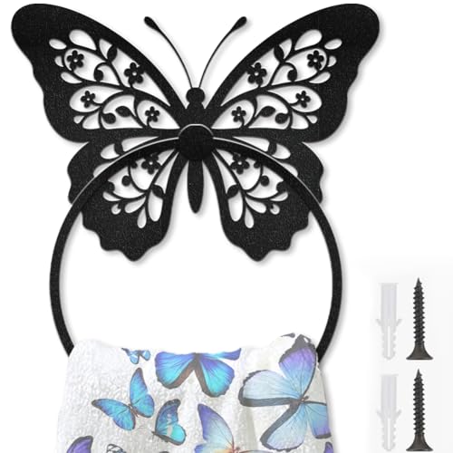 Butterfly Decorative Towel Ring for Bathroom Wall Mount Black Metal Accessory