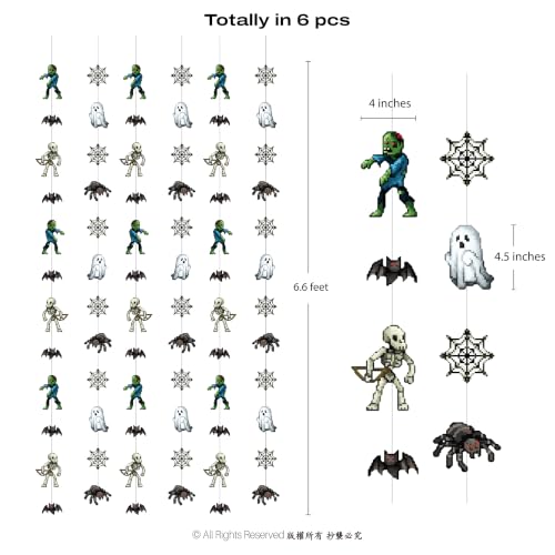 Pixel Monster Garland Halloween Party Decorations - Retro Arcade Zombie Ghost Skeleton Bat Streamers - 6 Pieces
