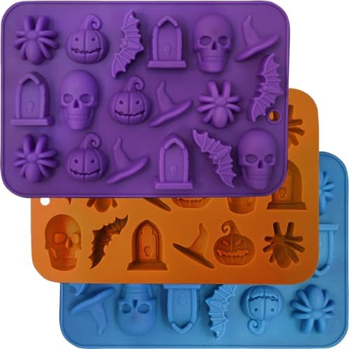 Halloween Silicone Mold 3 Pack - Skull Pumpkin Bat Ghost Witch Hat Shapes for Candy & Chocolate - Halloween 3PCS