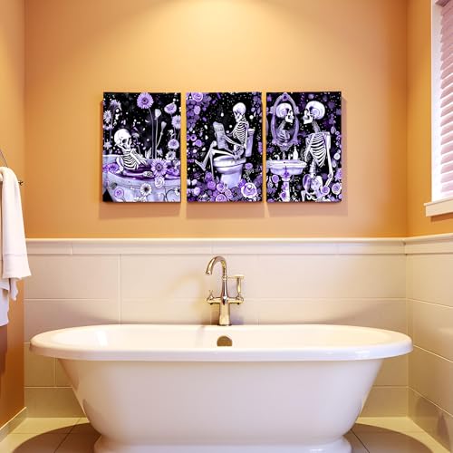Gothic Skeleton Wall Art Set - Purple Moody Bathroom Decor 12x16 Inch Framed