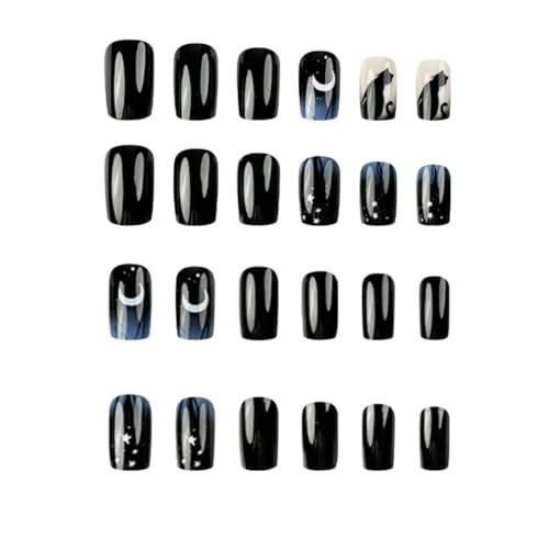 Halloween Short Square False Nails with Blue Black Star Moon Cat Design - Style15