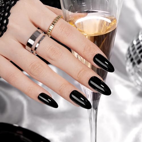 Enchanting Night Medium Black Almond Press-On Nails - Glossy Reusable False Nails Set with Glue & Cuticle Oil
