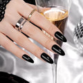 Enchanting Night Medium Black Almond Press-On Nails - Glossy Reusable False Nails Set with Glue & Cuticle Oil