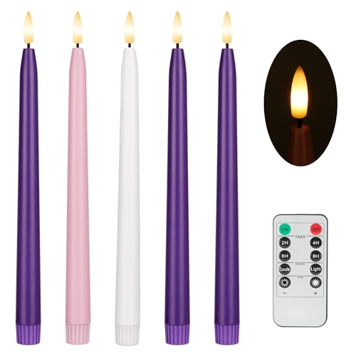Flameless Advent Candles Set of 5 with Remote Control - Purple, Pink & White