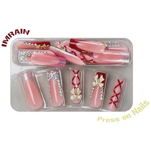IMRAIN Long Square Press-On Nails with Rhinestones & Gold Bow Charms - Red Fake Nails C-27Red Gold