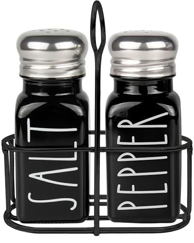 Black Salt and Pepper Shakers Set with Holder - Farmhouse Kitchen Decor