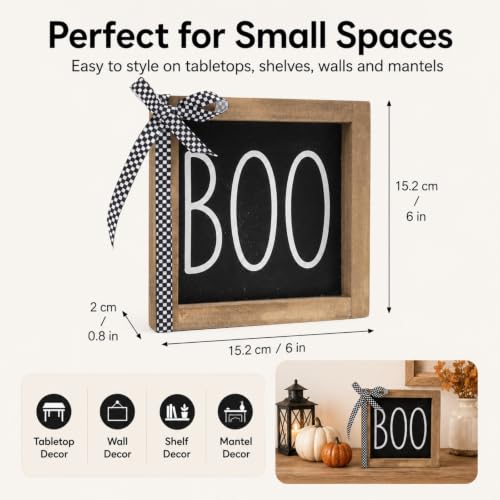 Halloween Boo Sign Wall Decor - 6-Inch Wooden Tiered Tray Shelf