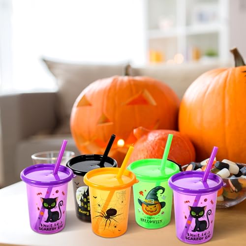 Vivid Halloween Kids Plastic Cups 24 Pack with Lids & Straws - 10 Oz Reusable Toddler Tumblers
