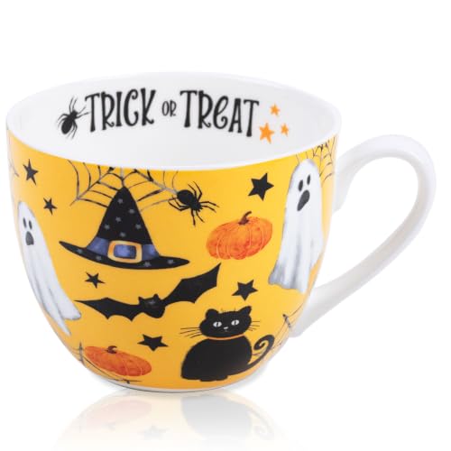 Halloween Orange Mug with Black Cat Ghost Pumpkin Bat - 20oz Bone China Coffee Cup - Fall Gift