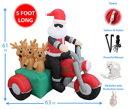 Lighted Christmas Inflatable Santa & Reindeer on Motorcycle - 5 Ft Yard Decor