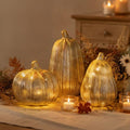 Gold Glass Pumpkin Lights with Timer - Set of 3 Halloween Decor