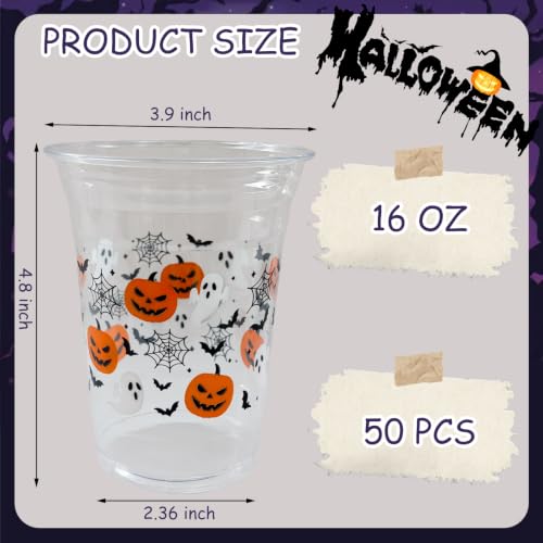 16 oz Halloween Plastic Cups with Pumpkin Ghost Bat Spider Web Design - Disposable Party Drinkware