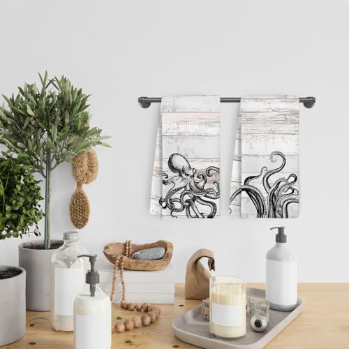 Black Octopus Kitchen Towels & Dishcloths Set of 2 Nautical Beach Decor