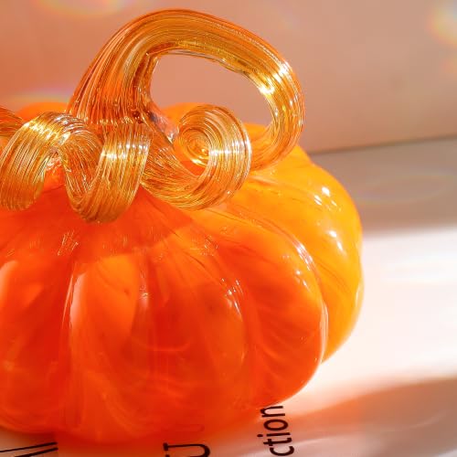 Orange Red Hand Blown Glass Pumpkin - Fall Harvest Halloween Decor - Variation of Red