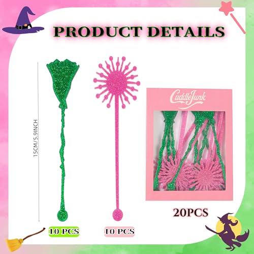 Pink and Green Party Drink Stirrers Set - Glitter Princess Crown & Witch Hat
