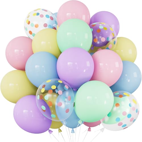 Pastel Rainbow Balloons with Polka Dot Design - Adeyoo, 12 Inch, 50 Pcs, No Mess Confetti Effect