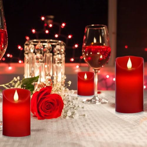 Real Wax Flameless Candles Set - 3 Red Pillar Candles with Remote & Timer
