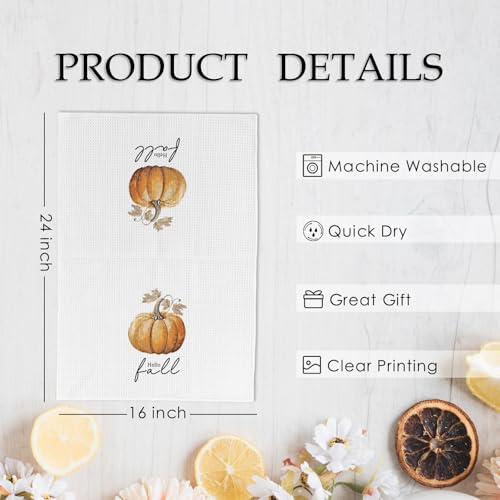 Hello Fall Kitchen Towels and Dishcloths Set of 2 with Fall Wreath - Pumpkin Decor