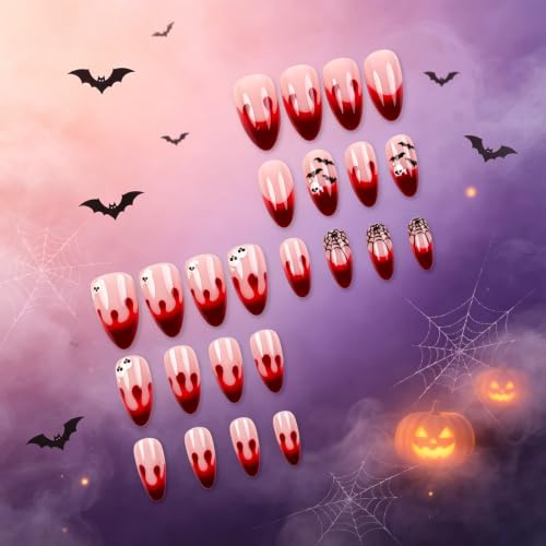 Halloween Fake Nails Set - Medium Almond Nude Blood Red Bat Skull 35 Variations