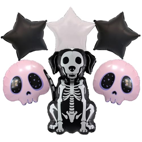 Halloween Skeleton Dog Foil Balloons Set - Pink Skull & Star Decorations