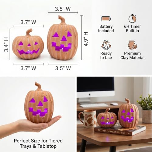 Orange Terracotta Jack-o’-Lantern LED Halloween Pumpkin Decor Set of 2