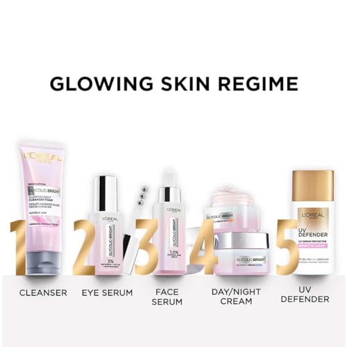 L'Oreal Paris Brightening Serum, 1% Glycolic Acid, 2% Niacinamide Serum, Visibly Minimizes Spots, Reveals Even Skin Tone, Glycolic Bright Skin, 15ml (0.52 oz)