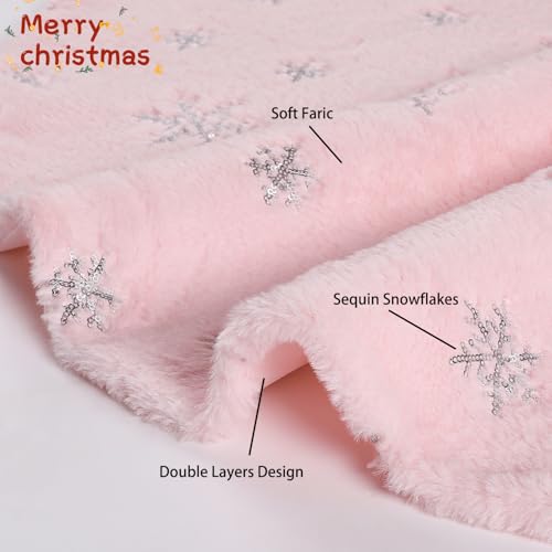 Pink Christmas Tree Skirt 48 Inch Silver Sequin Snowflakes Faux Fur