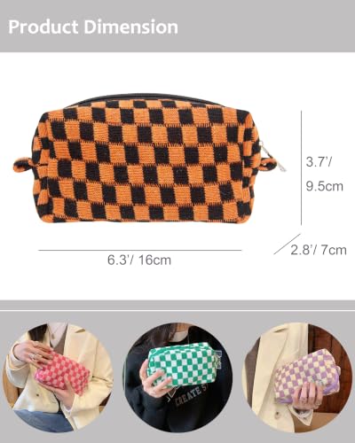 Checkered Makeup Bag for Purse - Halloween Orange Small Travel Cosmetic Pouch - 1 Pack