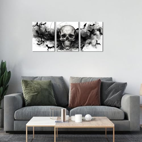 Black and White Skull Wall Art Set - Gothic Halloween Home Decor 12x16 Inch 3 Pieces