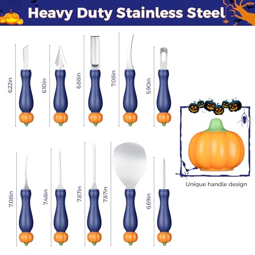Halloween Pumpkin Carving Kit with 10 Stainless Steel Tools & Stencils - Blue