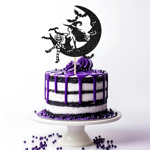 Witch Cake Topper for Halloween Party & Birthday Decor - Black Glitter