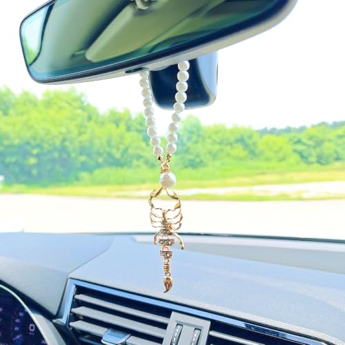 Golden Bling Scorpion Rear View Mirror Charm with Pearl Chain – Car Decoration