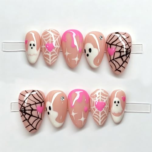 Halloween Short Almond Press On Nails Set - Colorful Ghost Spider Web Heart Rhinestone 8