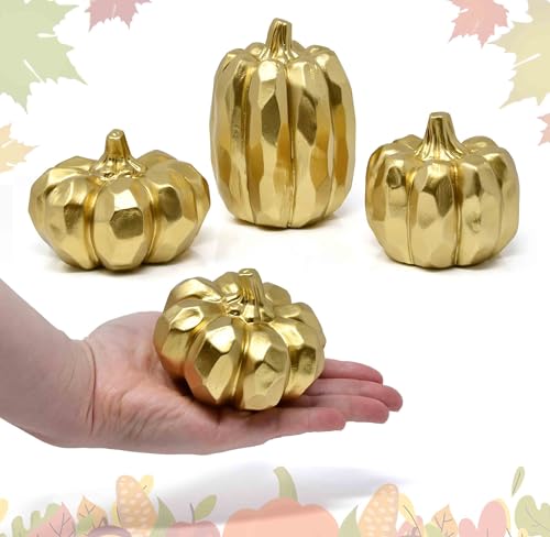 Gold Pumpkin Decor Set - Fall Thanksgiving Table Centerpieces, 3 Pcs